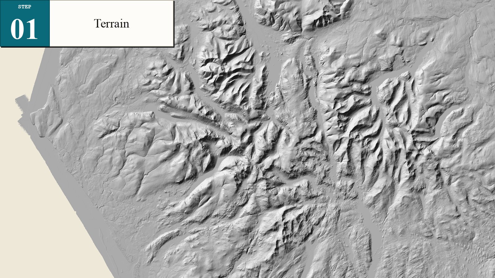 Hillshade map showing the ridges, valleys, and high ground of Cumbria before any flood evidence is added.