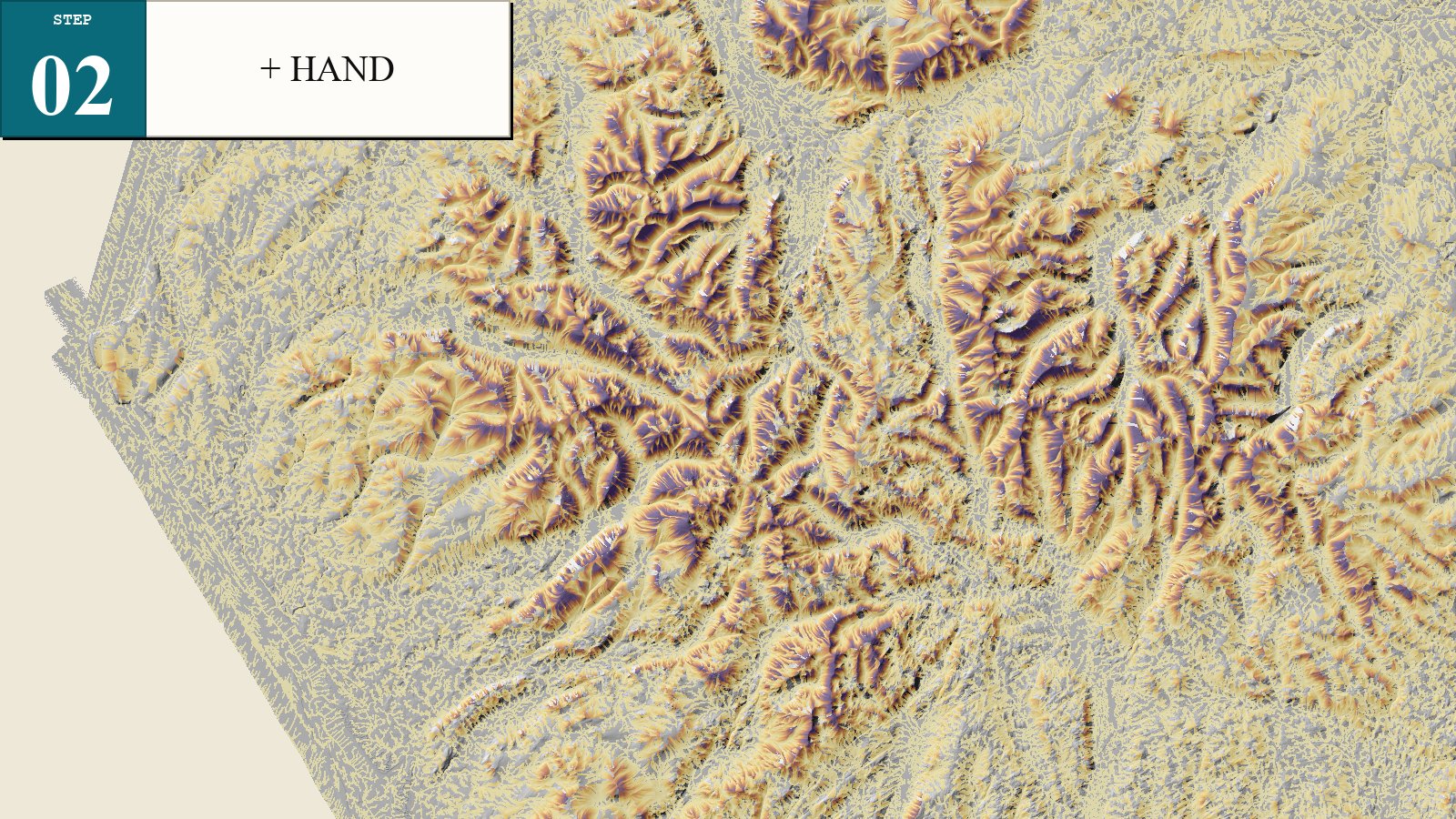 HAND layer over the hillshade, with yellow low relative ground near channels and darker higher relative ground on ridges.