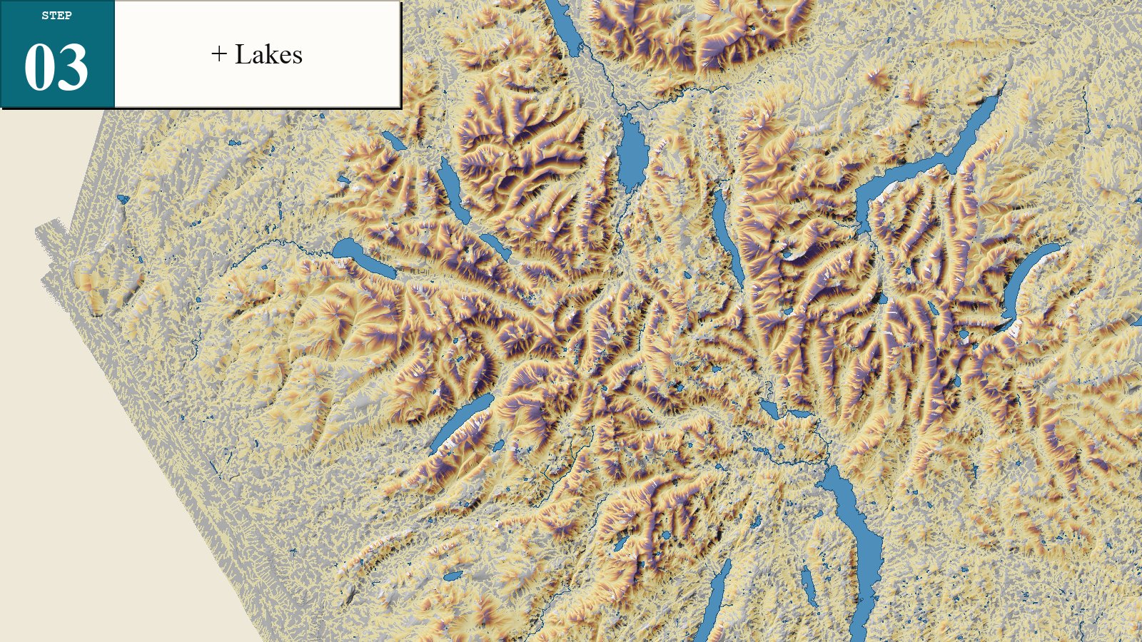 Lakes and tarns added to the hydrology map so the reader can recognise the Lake District landscape.