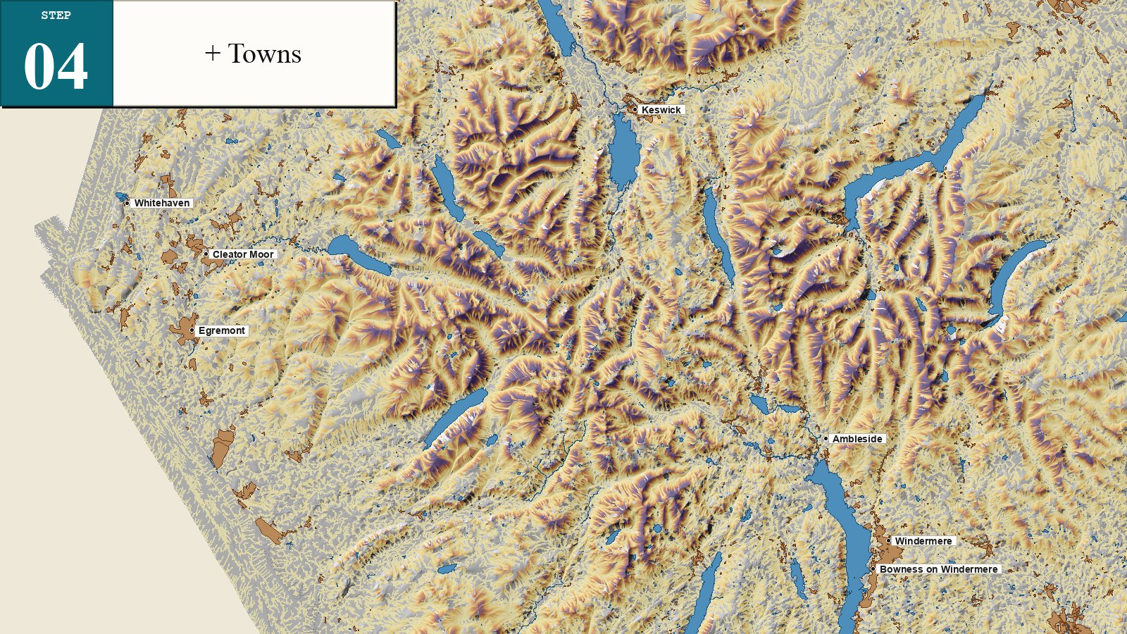 Built-up areas and named places added to show where settlement sits in relation to low ground and valleys.