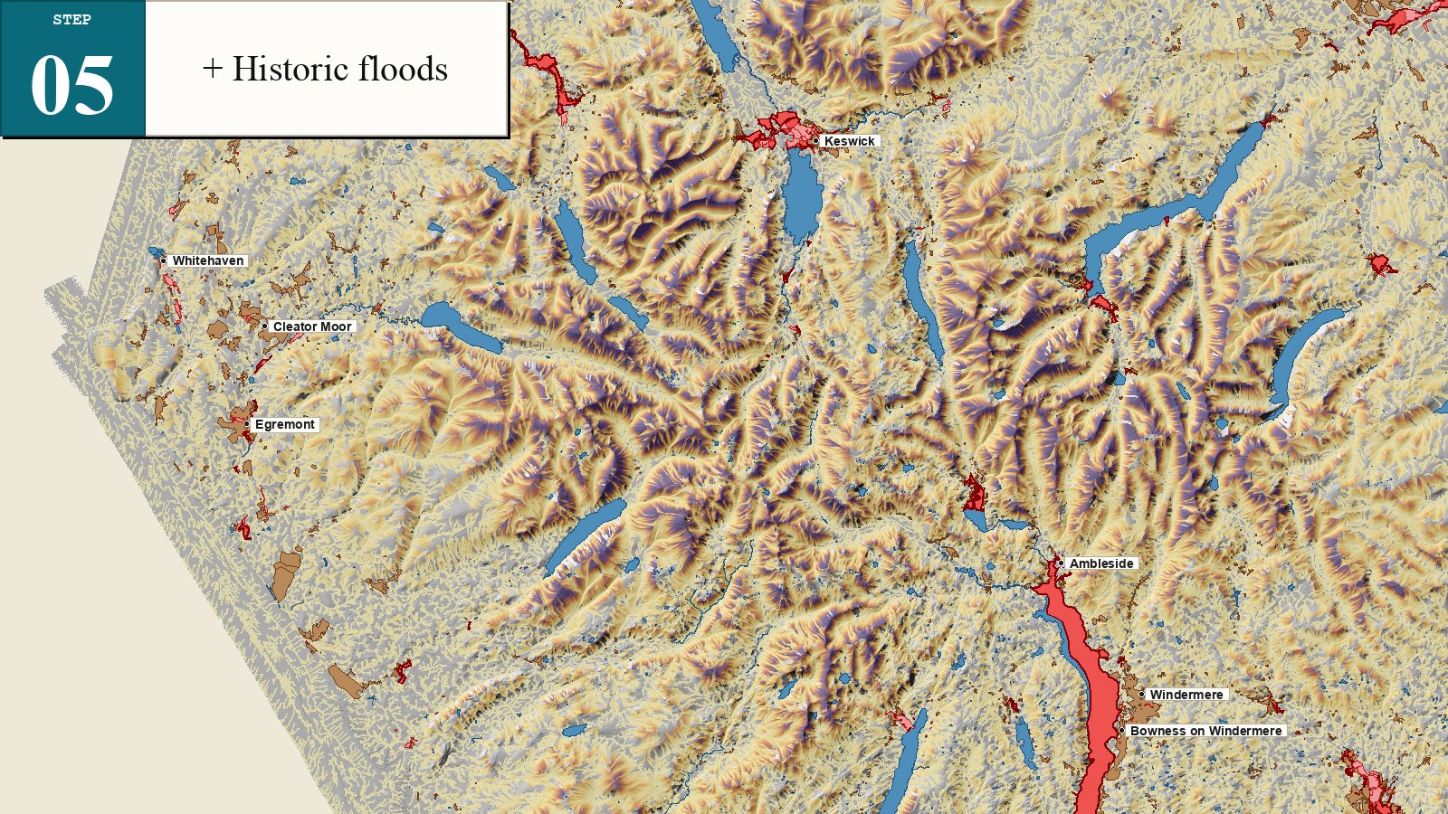 EA recorded flood outlines over the terrain and HAND map, showing where recorded events intersect low ground and towns.