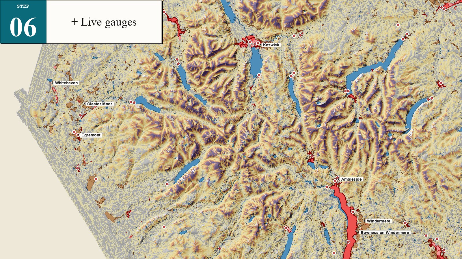 Live EA gauge points added to the Cumbria map, showing where current river level readings can be opened.