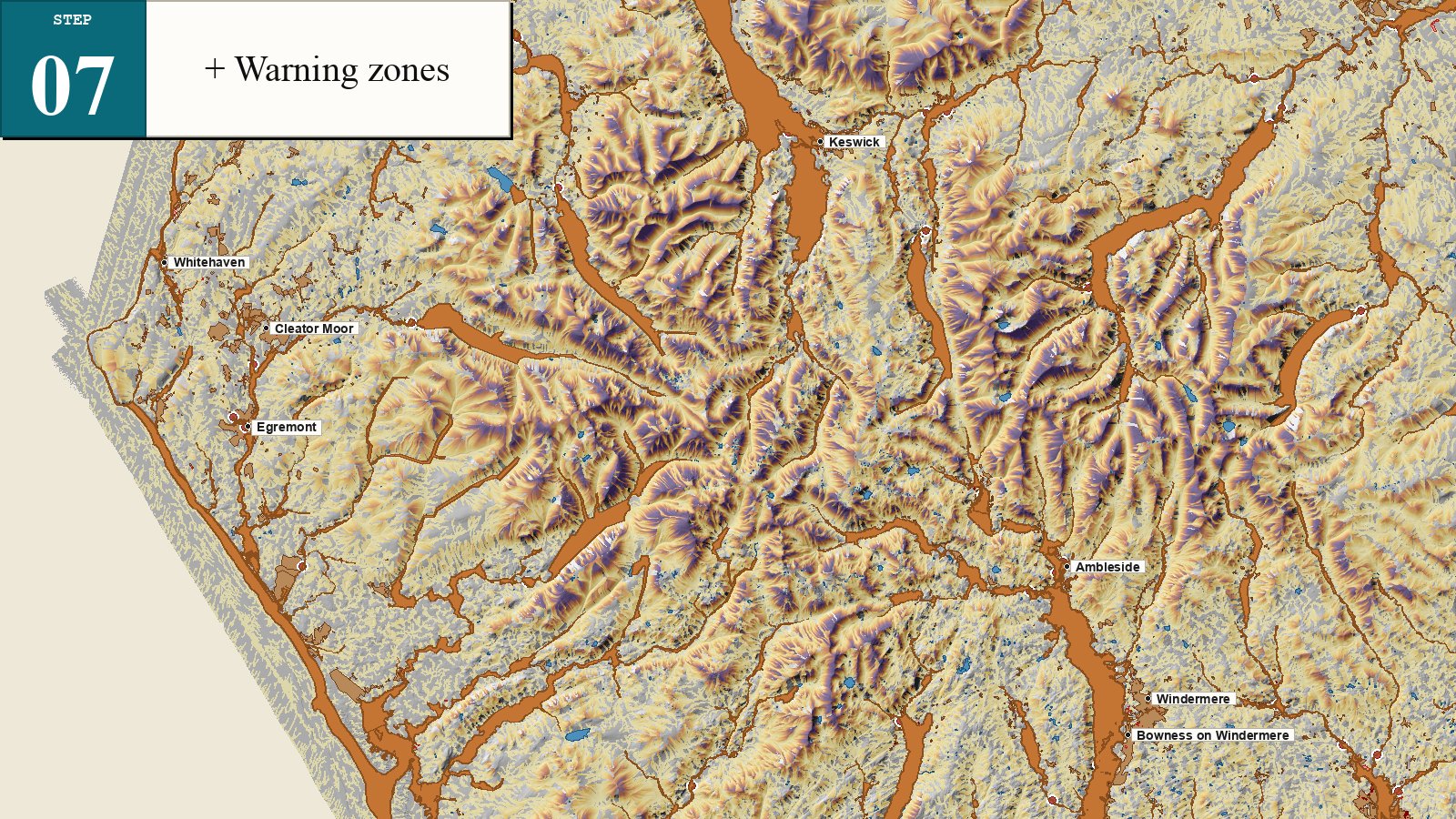 EA flood-warning zones overlaid as official alert geography, separate from the derived terrain layers.