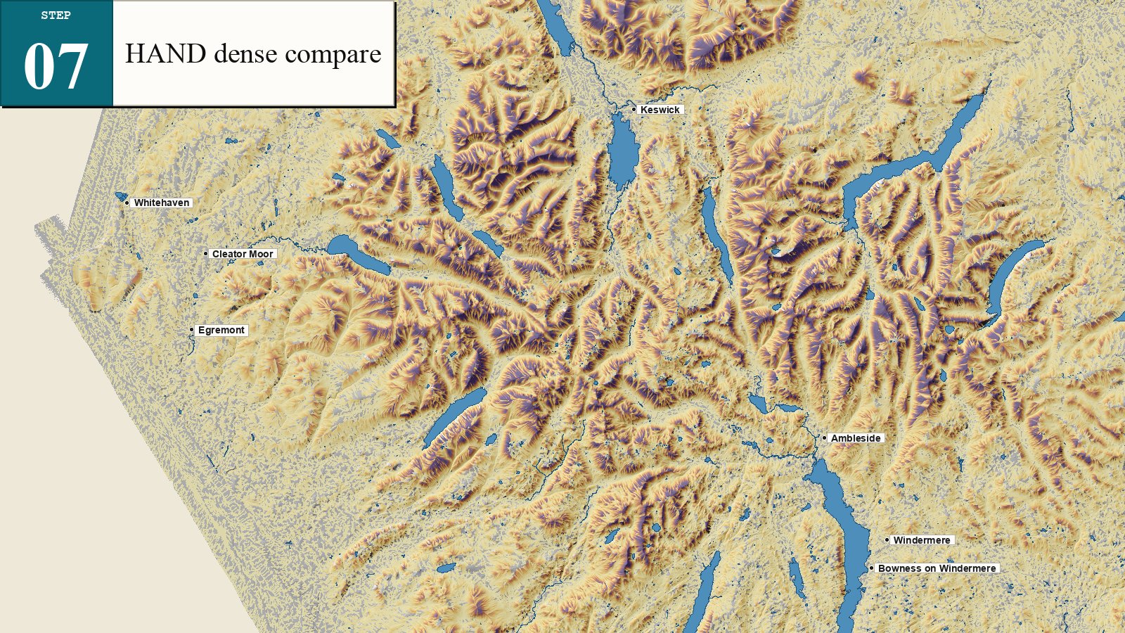 Dense HAND comparison layer showing how changing the channel threshold changes the mapped hydrology evidence.