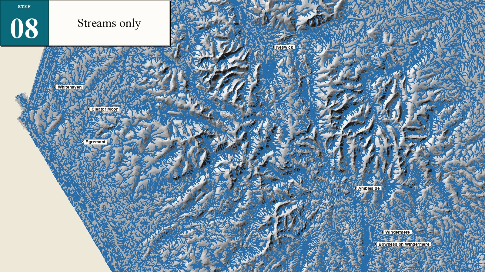Extracted stream network shown clearly over the hillshade, revealing the drainage structure used by the hydrology analysis.